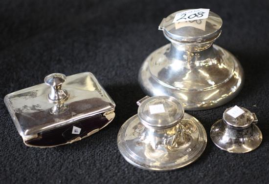 3 inkwells and ink blotter(-)